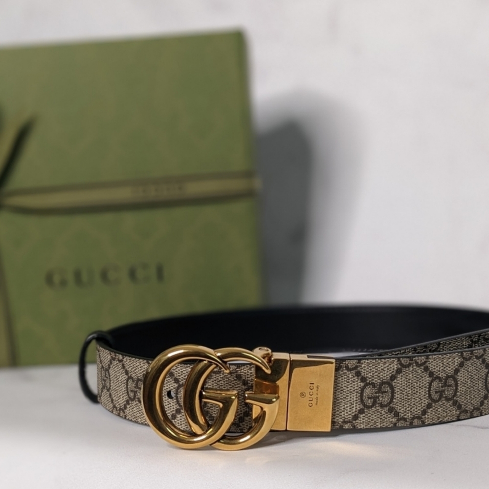 Gucci GG Marmont reversible thin belt. Beige, ebony & black. Size 65 like new!